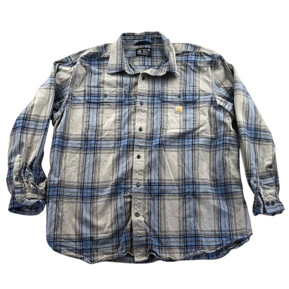 Carhartt Mens Shirt Size 2XL Long Sleeve Loose Fit Plaid Flannel Button Up Blue - Picture 1 of 10